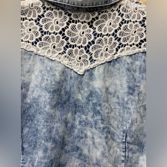❤️😍Panhandle Acid Wash Blue Tye Dye White Laced Collard Blue Jean Button Down - Picture 6 of 11